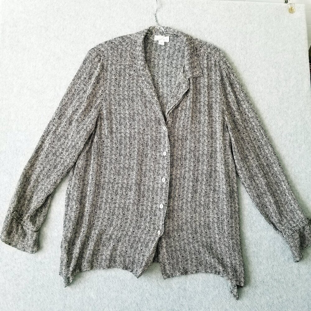 J.Jill Womens Medium Herringbone Button Up Shirt Blouse Tie Sleeve Office Career